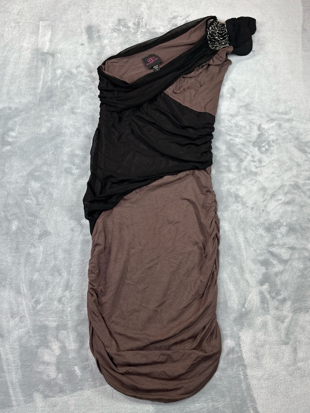 2B Bebe One-Shoulder Black and brown Ruched Cocktail Dress
